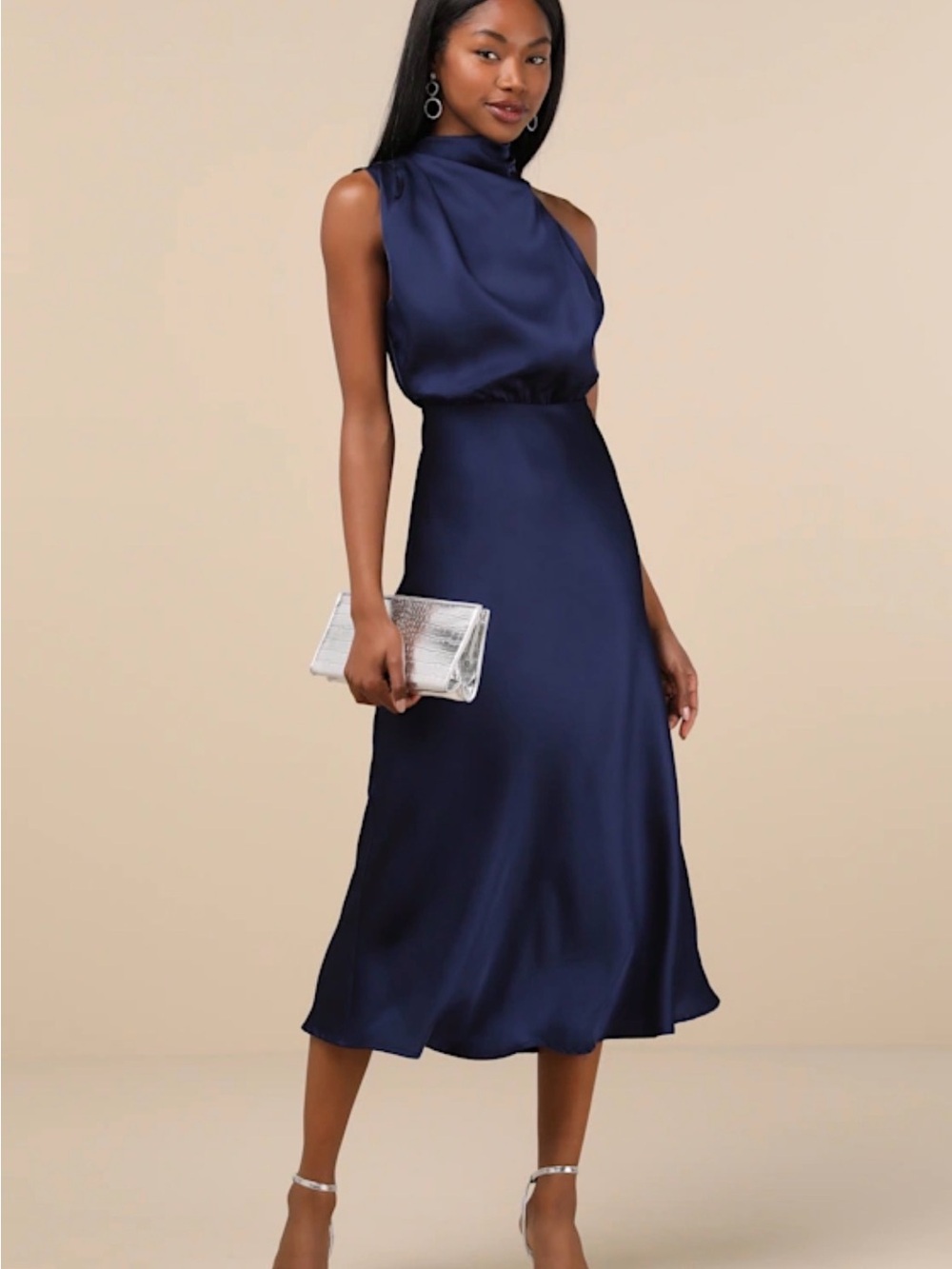 Lulus Wedding Guest Satin High-Neck Navy Asymmetrical Midi Dress - Med